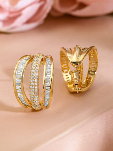 Rubans 18K Gold-Plated Cubic Zirconia Studded Triple Band Hoop Earrings Earrings