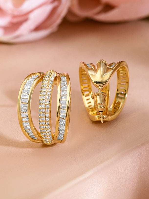 Rubans 18K Gold-Plated Cubic Zirconia Studded Triple Band Hoop Earrings Earrings