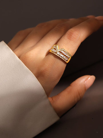 Rubans 18K Gold-Plated Cubic Zirconia Studded V-Cut Crown Design Adjustable Ring Rings