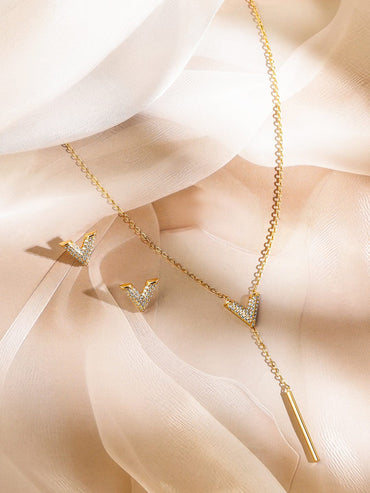 Rubans 18K Gold Plated Cubic Zirconia Studded V Shape Pendant Necklace & Earrings Set Jewellery Set