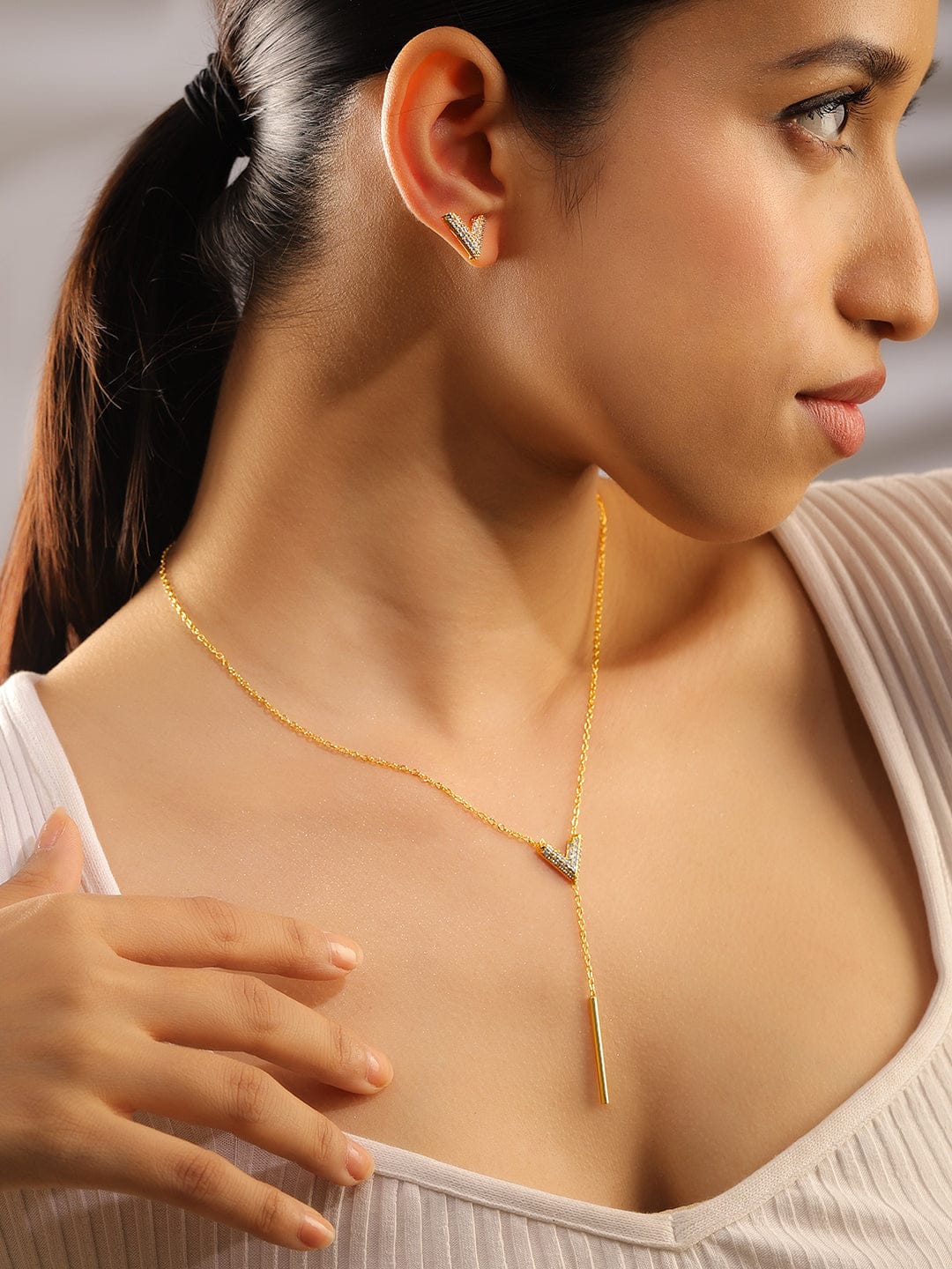 Rubans 18K Gold Plated Cubic Zirconia Studded V Shape Pendant Necklace & Earrings Set Jewellery Set