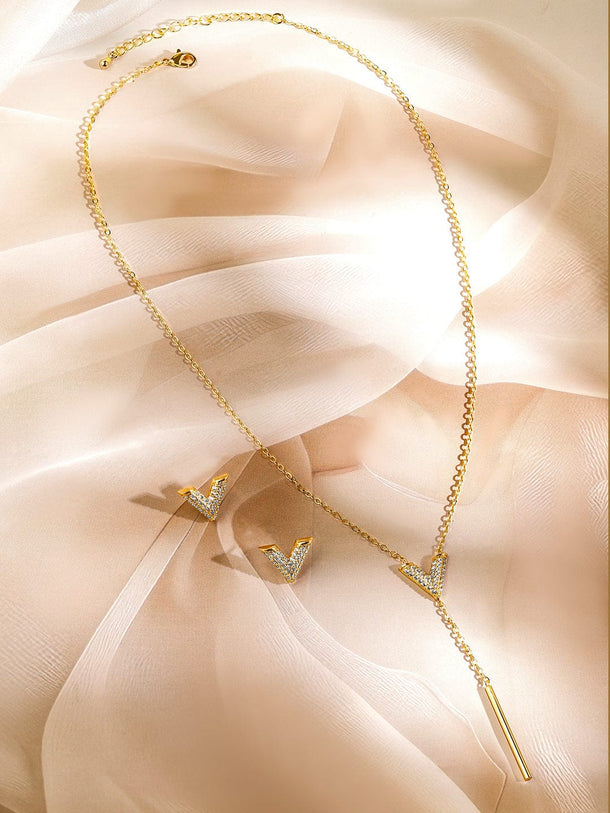 Rubans 18K Gold Plated Cubic Zirconia Studded V Shape Pendant Necklace & Earrings Set Jewellery Set