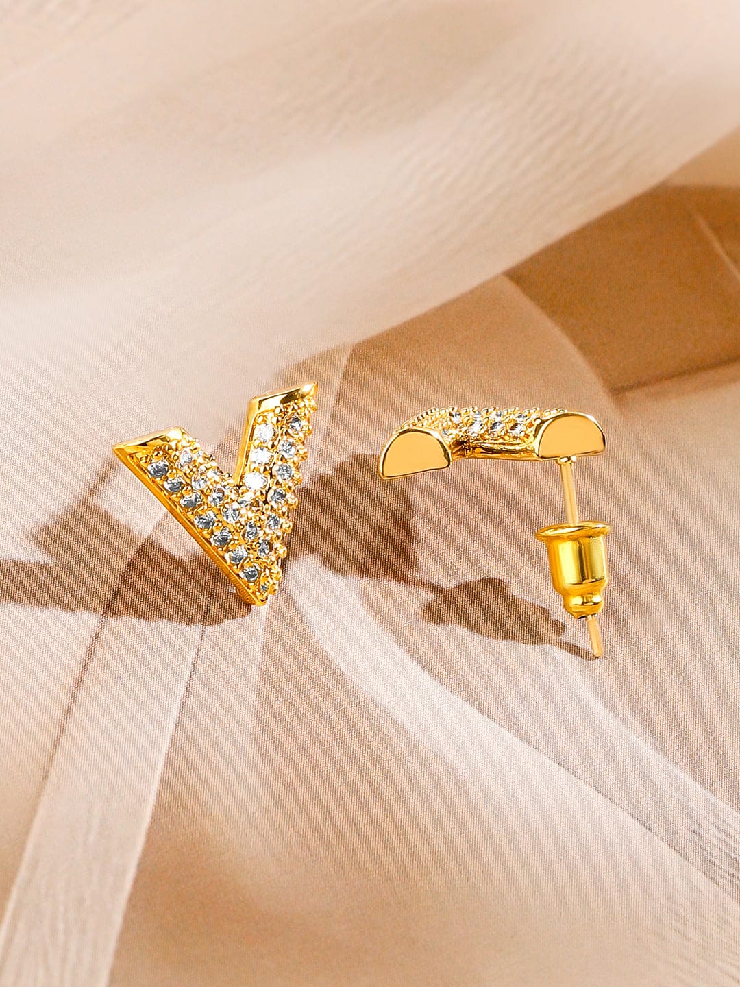 Rubans 18K Gold Plated Cubic Zirconia Studded V Shape Pendant Necklace & Earrings Set Jewellery Set