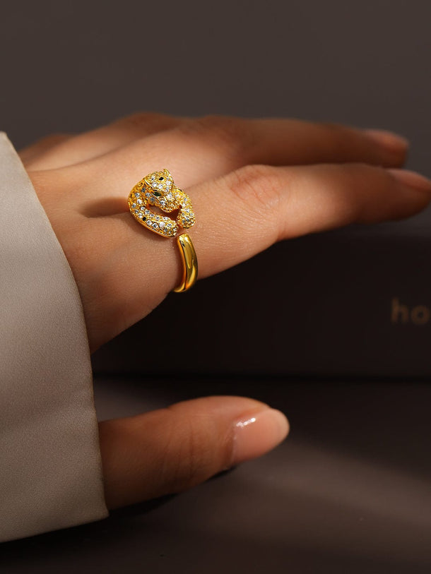 Rubans 18K Gold-Plated Demi-Fine Panther Motif Cubic Zirconia Studded Openable Ring Rings