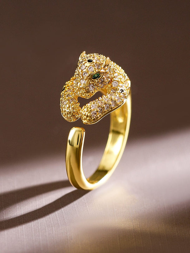 Rubans 18K Gold-Plated Demi-Fine Panther Motif Cubic Zirconia Studded Openable Ring Rings