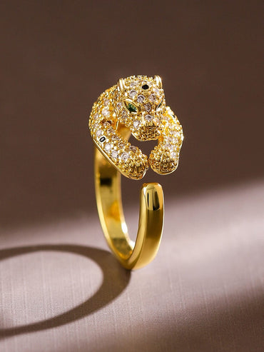 Rubans 18K Gold-Plated Demi-Fine Panther Motif Cubic Zirconia Studded Openable Ring Rings