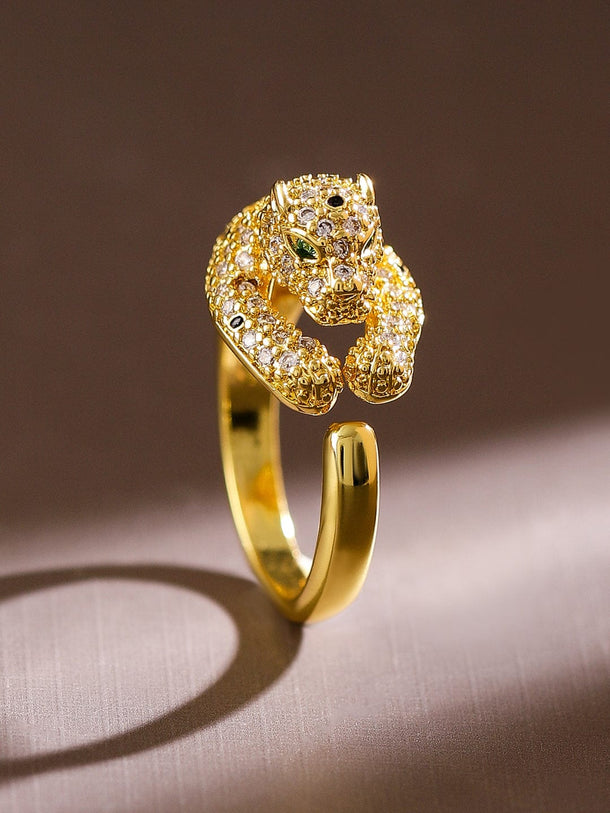 Rubans 18K Gold-Plated Demi-Fine Panther Motif Cubic Zirconia Studded Openable Ring Rings
