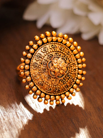 Rubans 18K Gold-Plated Dome-Shaped Floral Engraved Adjustable Ring Ring