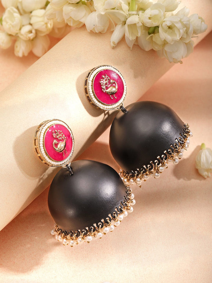 Rubans 18K Gold-Plated Dome Shaped Stone Studded & Beaded Enamelled Jhumkas Earrings