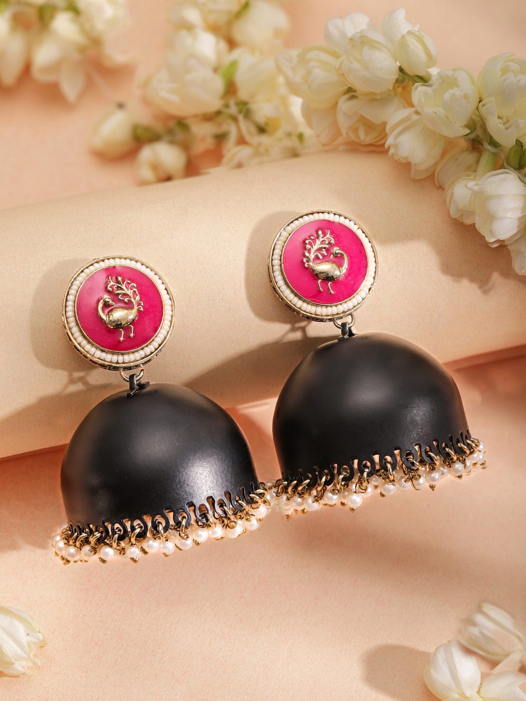 Rubans 18K Gold-Plated Dome Shaped Stone Studded & Beaded Enamelled Jhumkas Earrings