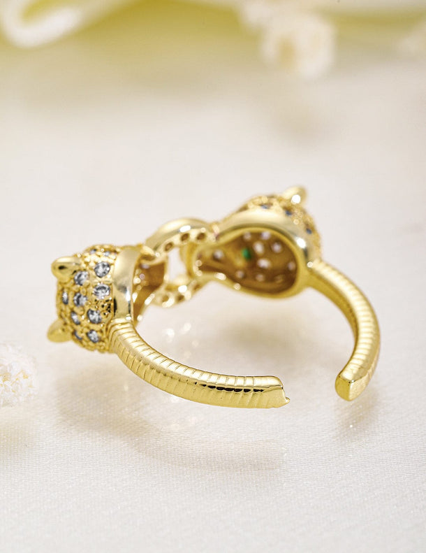 Rubans 18K Gold Plated Emerald Cubic Zicronia Studded Panther Motif Adjustable Finger Ring Rings