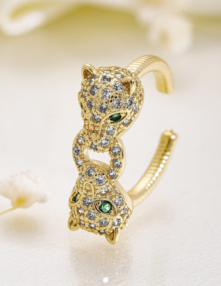 Rubans 18K Gold Plated Emerald Cubic Zicronia Studded Panther Motif Adjustable Finger Ring Rings