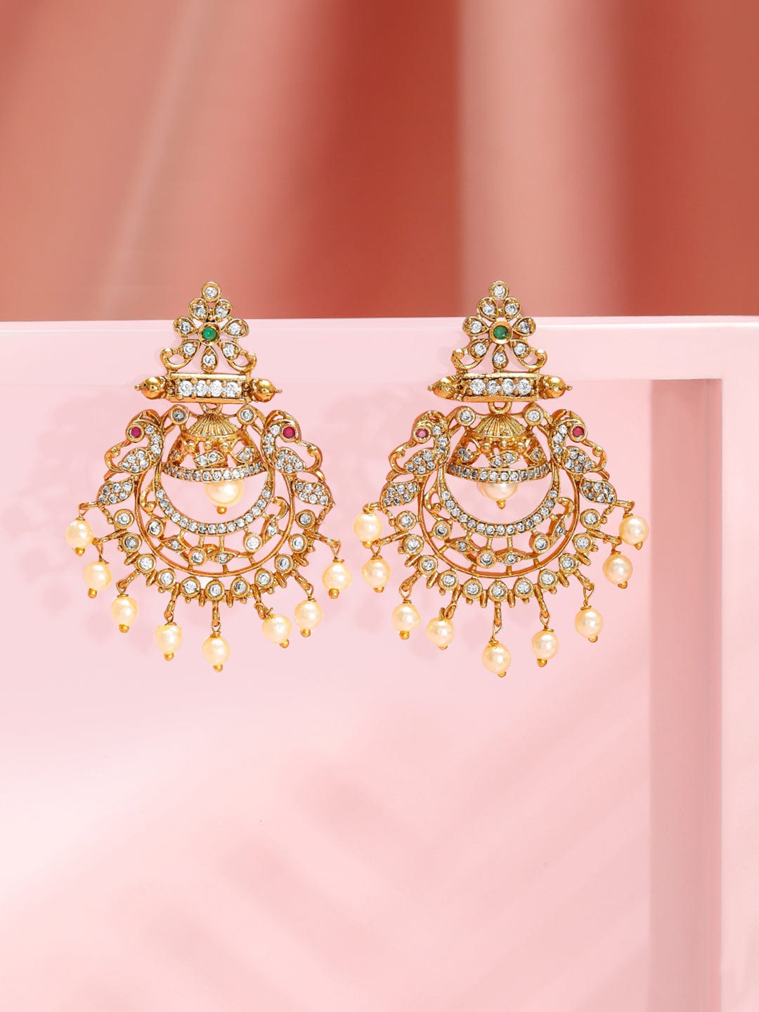 Rubans 18K Gold-Plated Emerald & Cubic Zirconia Studded Chandbali Chanbali Earring