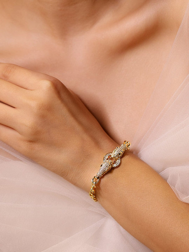 Rubans 18K Gold-Plated Emerald & Cubic Zirconia Studded Dual Panther Cuban Chain Bracelet Bangles & Bracelet