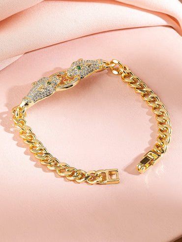 Rubans 18K Gold-Plated Emerald & Cubic Zirconia Studded Dual Panther Cuban Chain Bracelet Wristwear