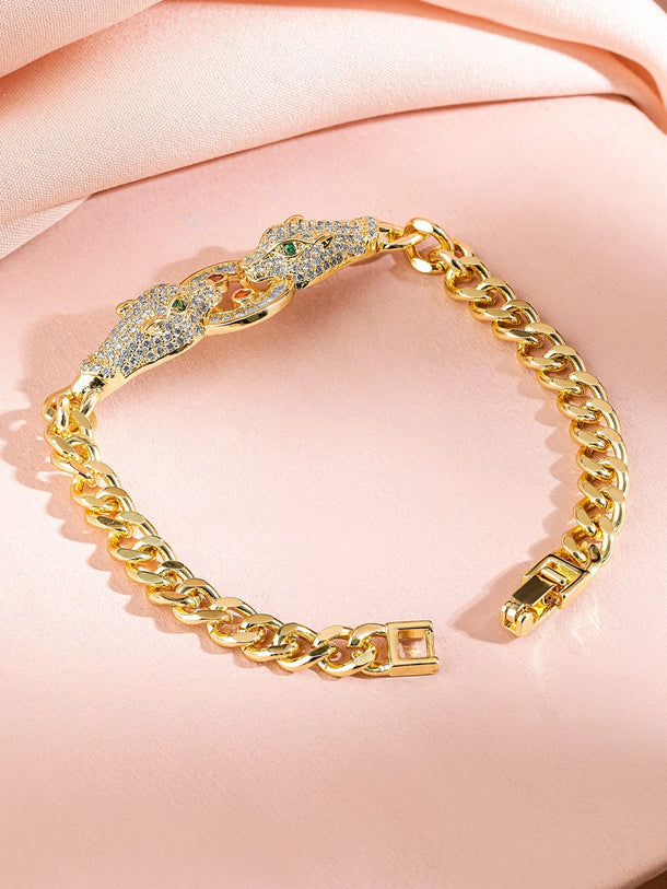 Rubans 18K Gold-Plated Emerald & Cubic Zirconia Studded Dual Panther Cuban Chain Bracelet Wristwear