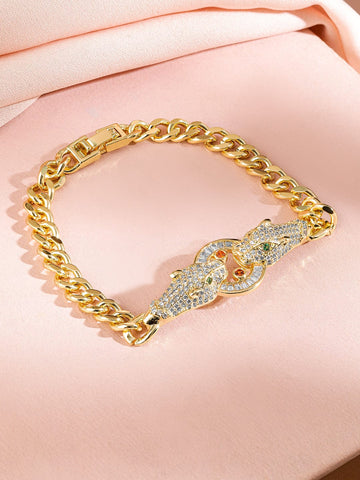 Rubans 18K Gold-Plated Emerald & Cubic Zirconia Studded Dual Panther Cuban Chain Bracelet Wristwear
