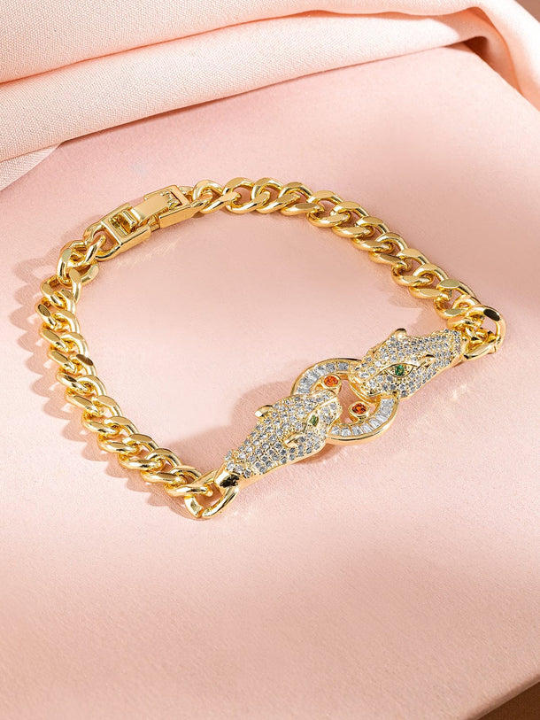 Rubans 18K Gold-Plated Emerald & Cubic Zirconia Studded Dual Panther Cuban Chain Bracelet Wristwear