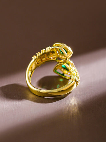 Rubans 18K Gold-Plated Emerald & CubicZirconia Studded Demi-Fine Heart Motif Openable Ring Rings