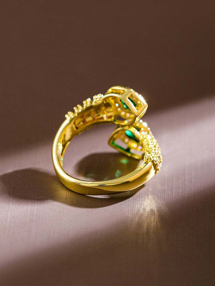 Rubans 18K Gold-Plated Emerald & CubicZirconia Studded Demi-Fine Heart Motif Openable Ring Rings