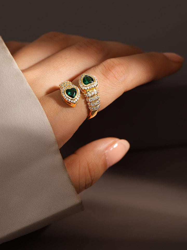 Rubans 18K Gold-Plated Emerald & CubicZirconia Studded Demi-Fine Heart Motif Openable Ring Rings