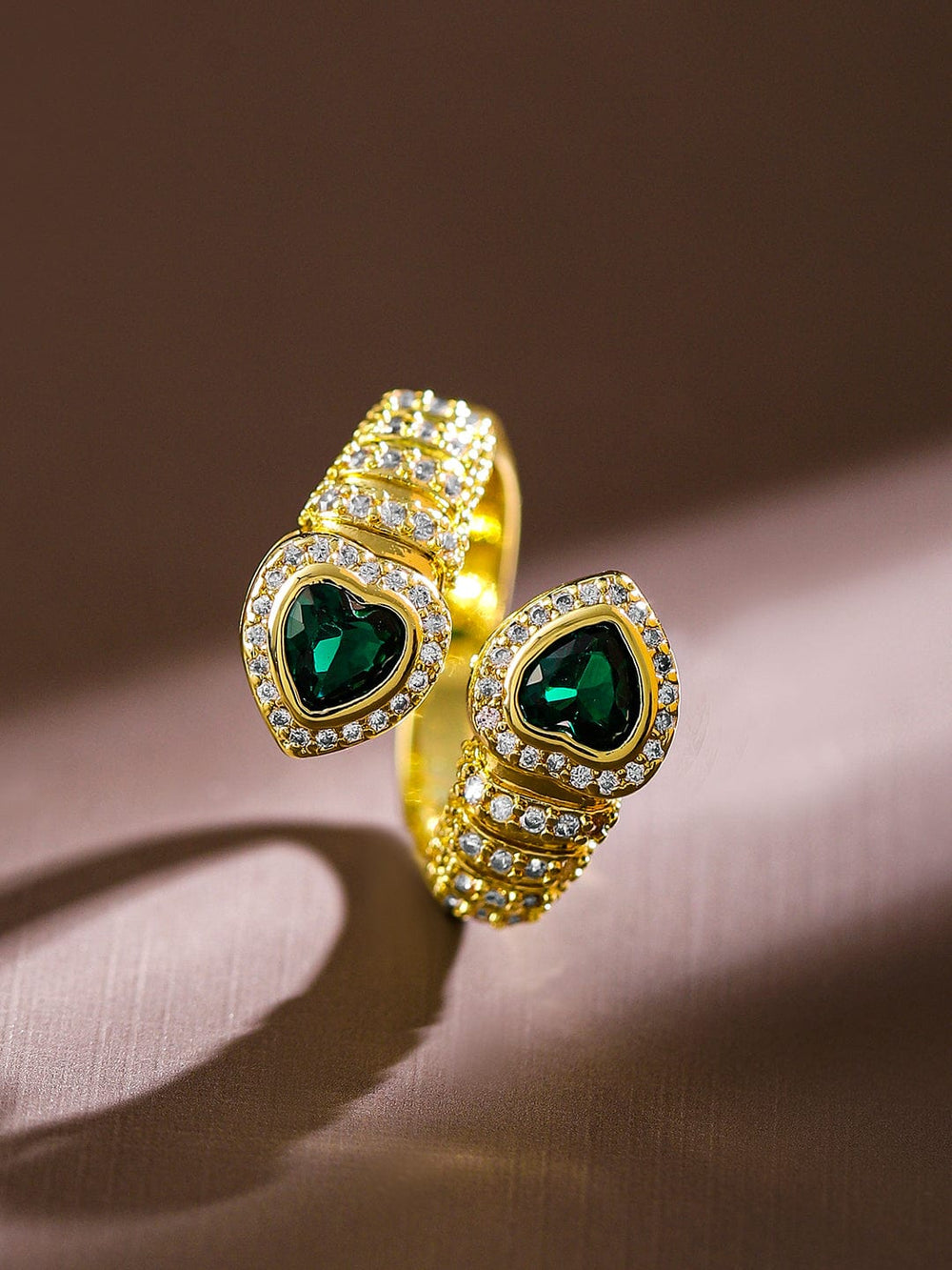 Rubans 18K Gold-Plated Emerald & CubicZirconia Studded Demi-Fine Heart Motif Openable Ring Rings