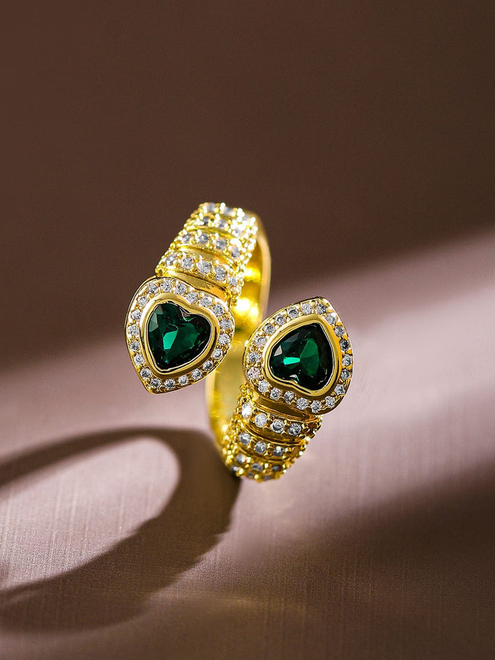 Rubans 18K Gold-Plated Emerald & CubicZirconia Studded Demi-Fine Heart Motif Openable Ring Rings