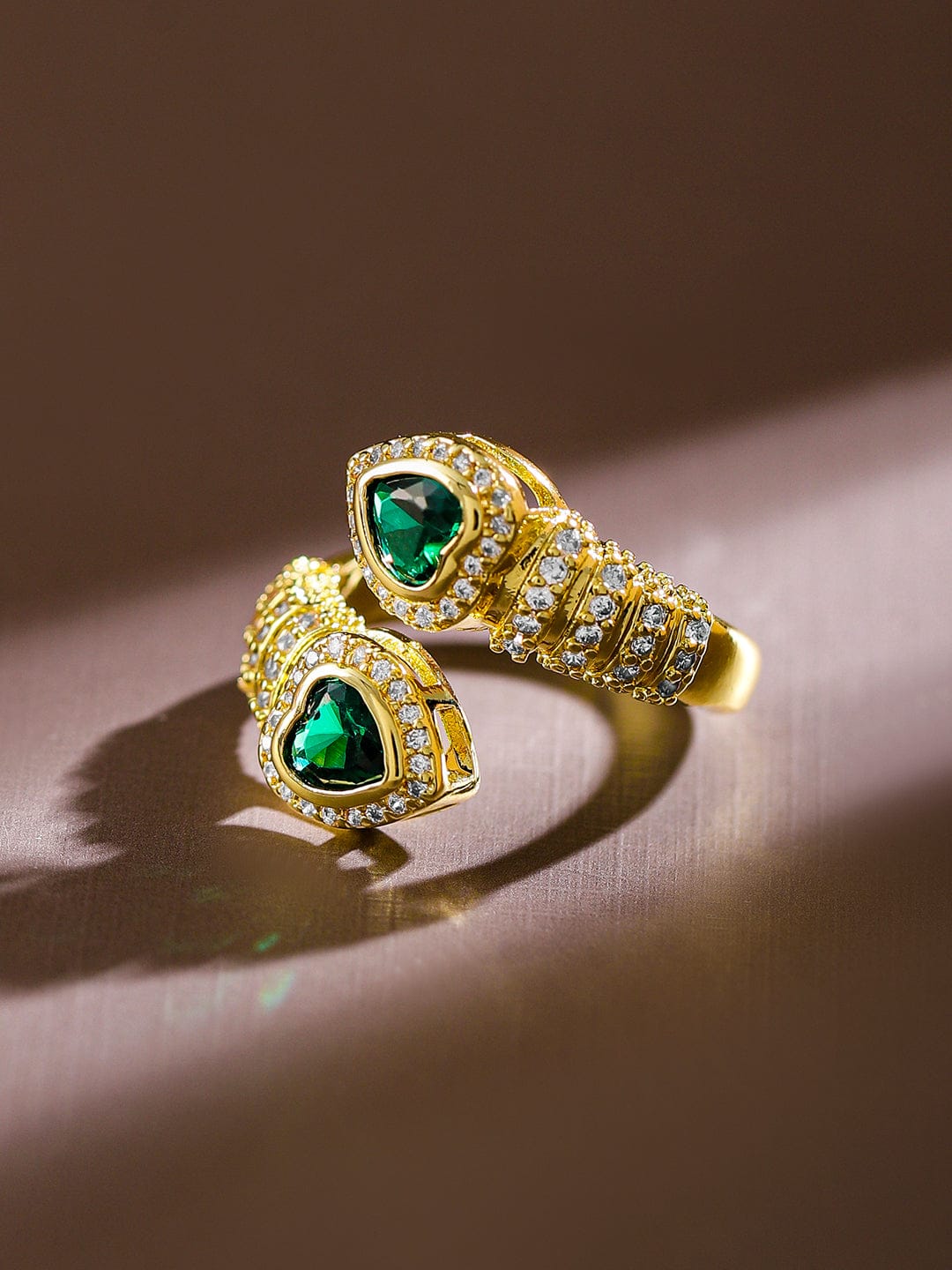 Rubans 18K Gold-Plated Emerald & CubicZirconia Studded Demi-Fine Heart Motif Openable Ring Rings