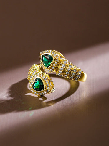 Rubans 18K Gold-Plated Emerald & CubicZirconia Studded Demi-Fine Heart Motif Openable Ring Rings