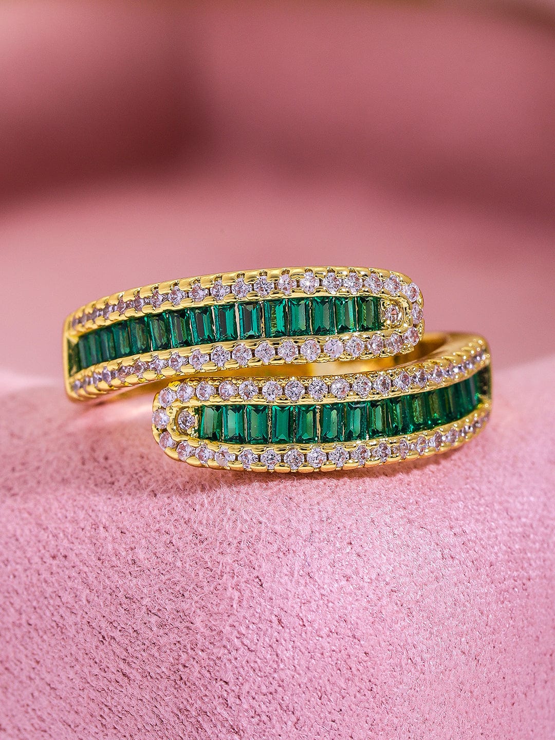 Rubans 18K Gold Plated Emerald Green Baguette Cubic Zirconia Studded Adjustable Ring Rings