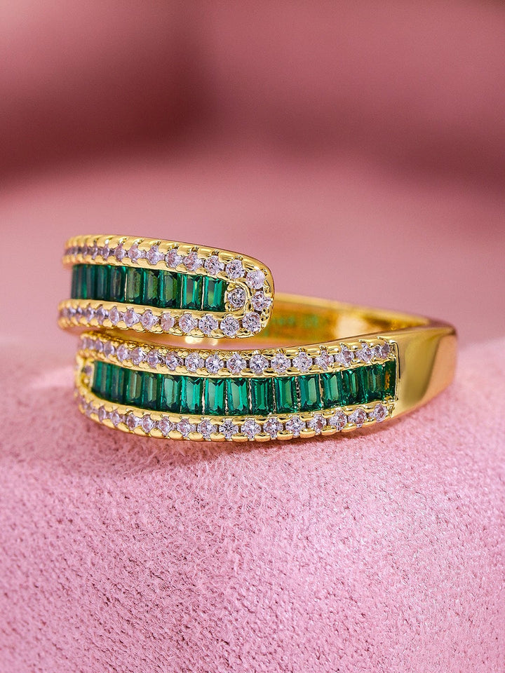 Rubans 18K Gold Plated Emerald Green Baguette Cubic Zirconia Studded Adjustable Ring Rings