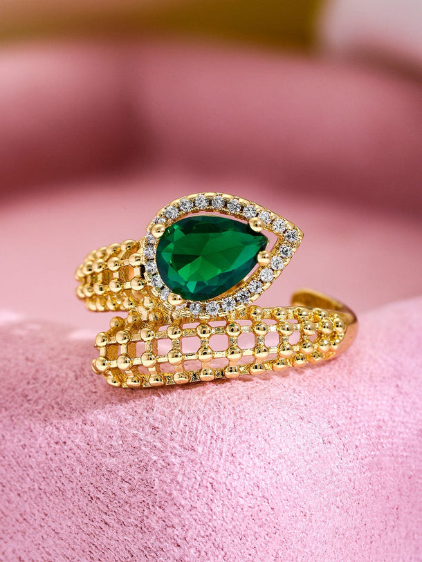 Rubans 18K Gold Plated Emerald Green & Cubic Zirconia Studded Adjustable Finger Ring Rings