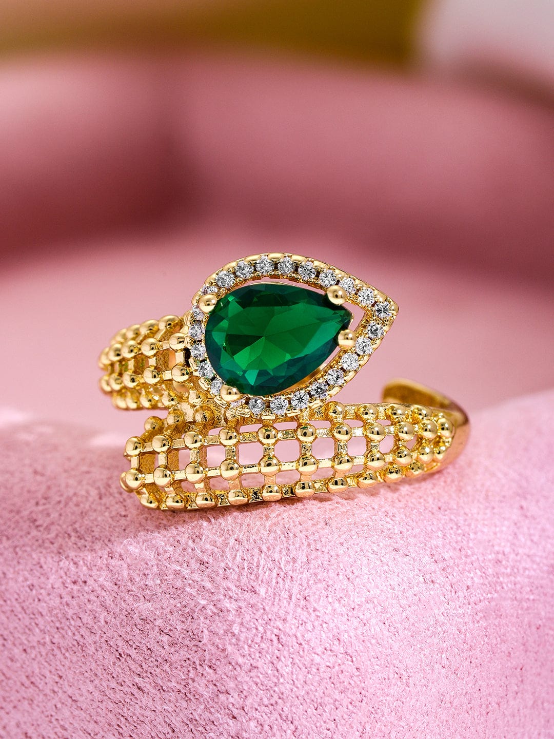 Rubans 18K Gold Plated Emerald Green & Cubic Zirconia Studded Adjustable Finger Ring Rings