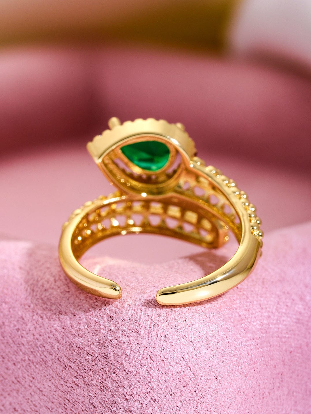 Rubans 18K Gold Plated Emerald Green & Cubic Zirconia Studded Adjustable Finger Ring Rings