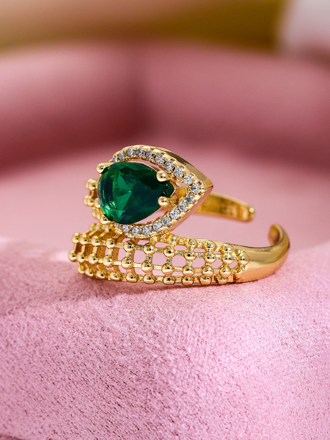 Rubans 18K Gold Plated Emerald Green & Cubic Zirconia Studded Adjustable Finger Ring Rings