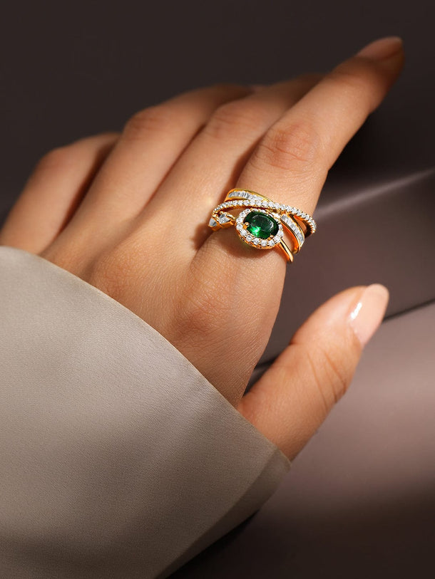 Rubans 18K Gold-Plated Emerald Green & Cubic Zirconia Studded Adjustable Statement Ring Finger Rings