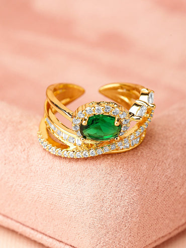 Rubans 18K Gold-Plated Emerald Green & Cubic Zirconia Studded Adjustable Statement Ring Rings