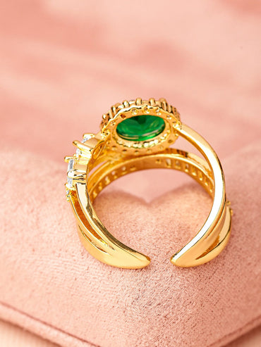 Rubans 18K Gold-Plated Emerald Green & Cubic Zirconia Studded Adjustable Statement Ring Rings