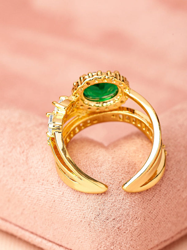 Rubans 18K Gold-Plated Emerald Green & Cubic Zirconia Studded Adjustable Statement Ring Rings