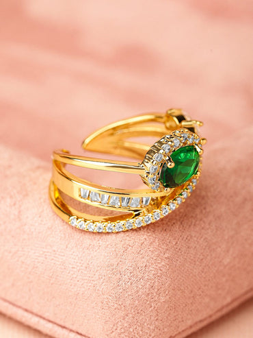 Rubans 18K Gold-Plated Emerald Green & Cubic Zirconia Studded Adjustable Statement Ring Rings