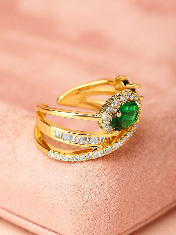 Rubans 18K Gold-Plated Emerald Green & Cubic Zirconia Studded Adjustable Statement Ring Rings