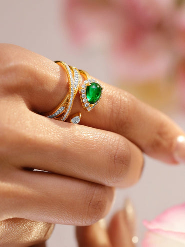 Rubans 18K Gold-Plated Emerald Green & Cubic Zirconia Studded Floral Adjustable Ring Rings