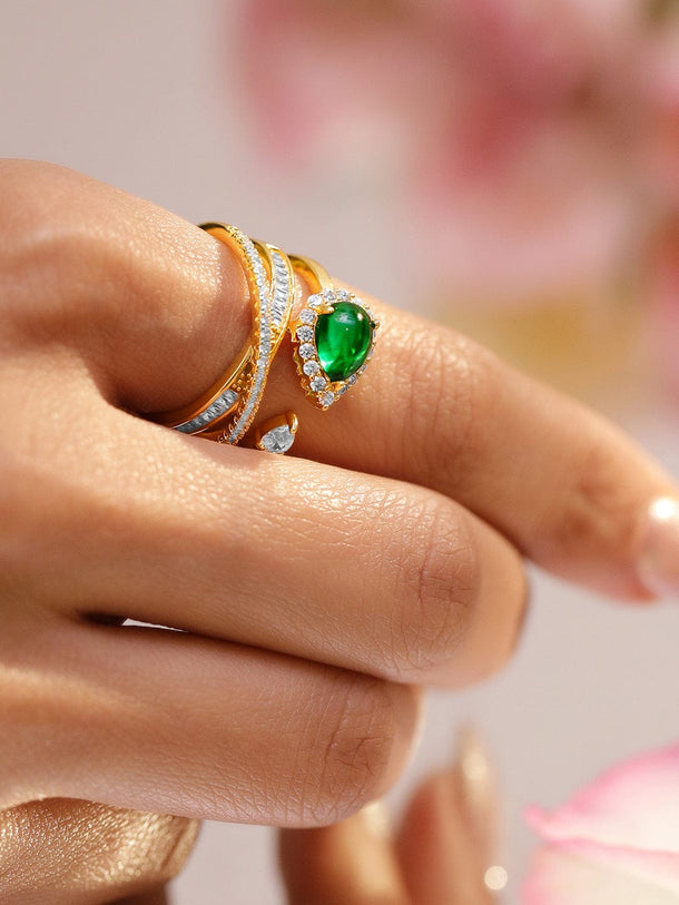 Rubans 18K Gold-Plated Emerald Green & Cubic Zirconia Studded Floral Adjustable Ring Rings