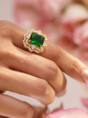 Rubans 18K Gold-Plated Emerald Green & Cubic Zirconia Studded Floral Halo Adjustable Ring Rings