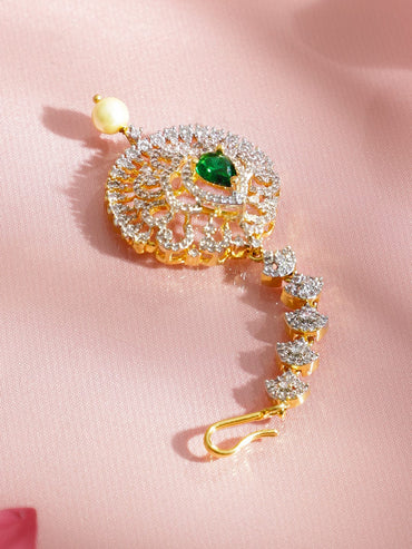 Rubans 18K Gold-Plated Emerald Green & Cubic Zirconia Studded Maang Tikka with Pearl Drop Head Jewellery