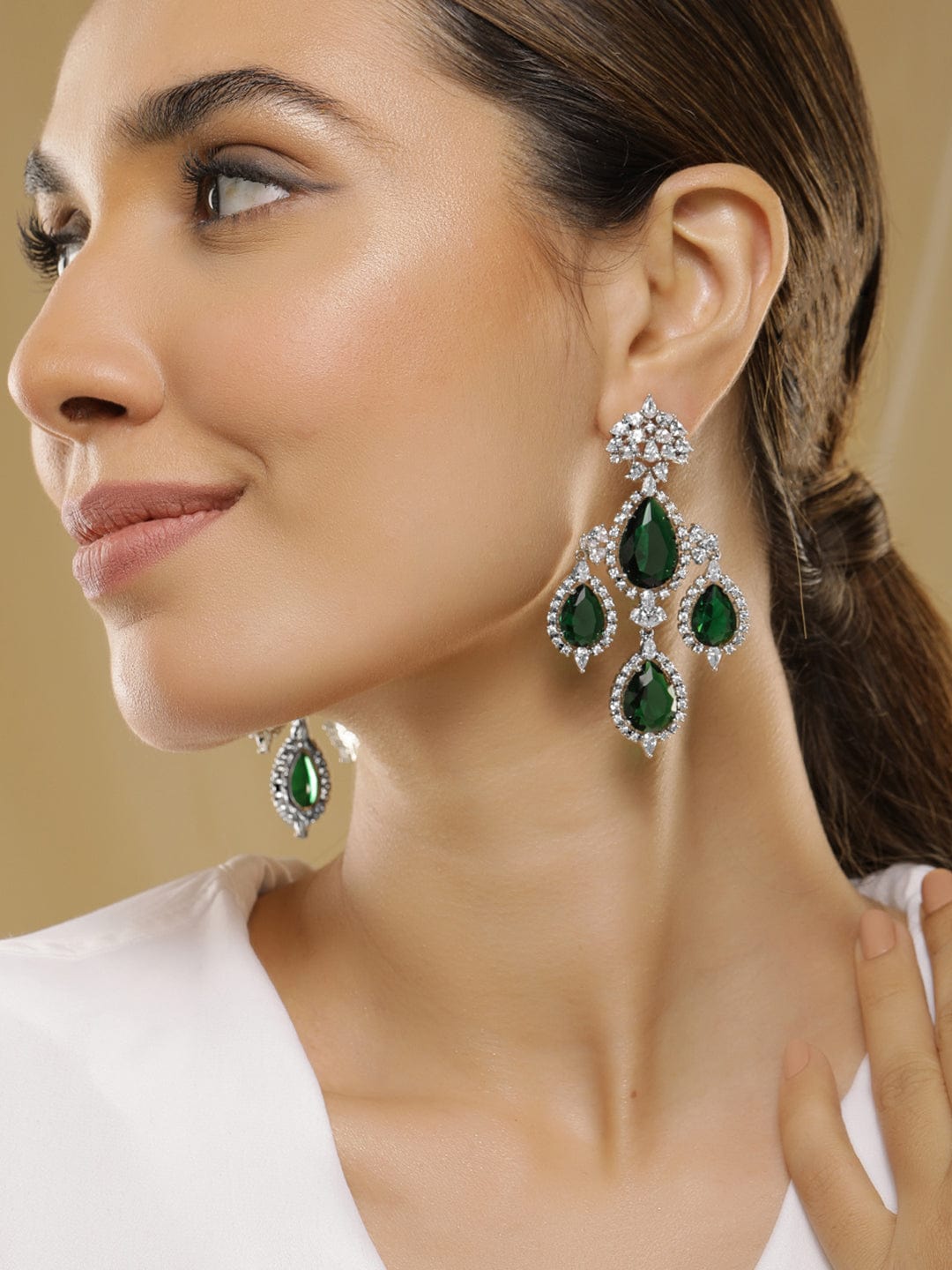 Rubans 18K Gold-Plated Emerald Green & Cubic Zirconia Studded Premium Chandelier Earrings Chandbali Earring