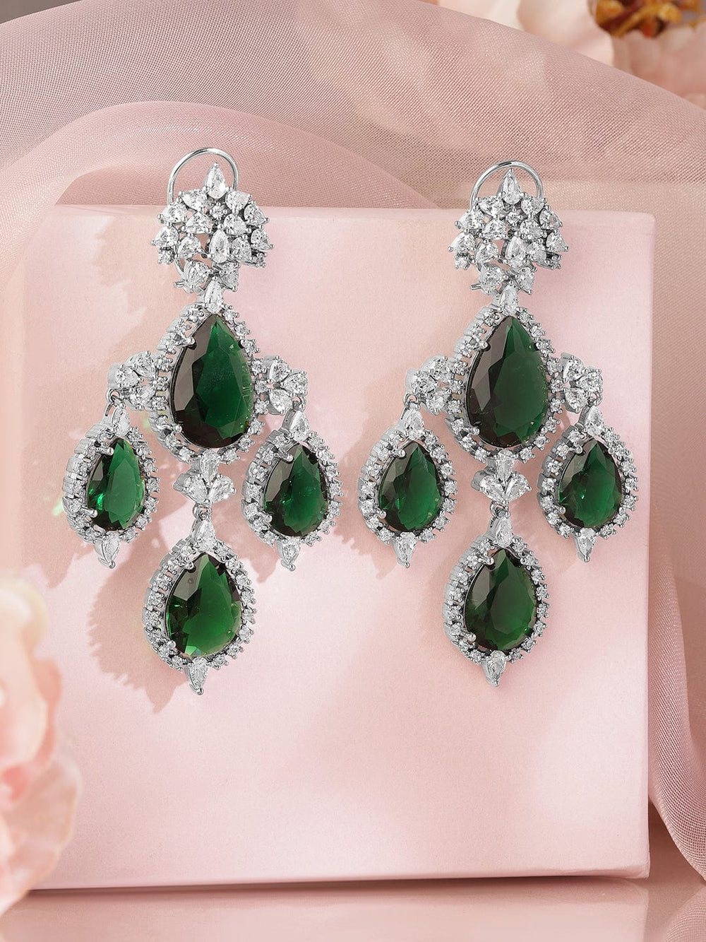 Rubans 18K Gold-Plated Emerald Green & Cubic Zirconia Studded Premium Chandelier Earrings Chandbali Earring