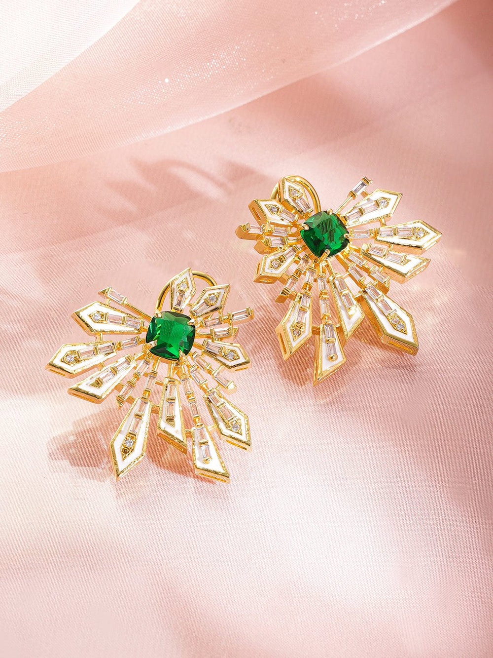 Rubans 18K Gold-Plated Emerald Green & Cubic Zirconia Studded Statement Stud Earrings Stud Earrings