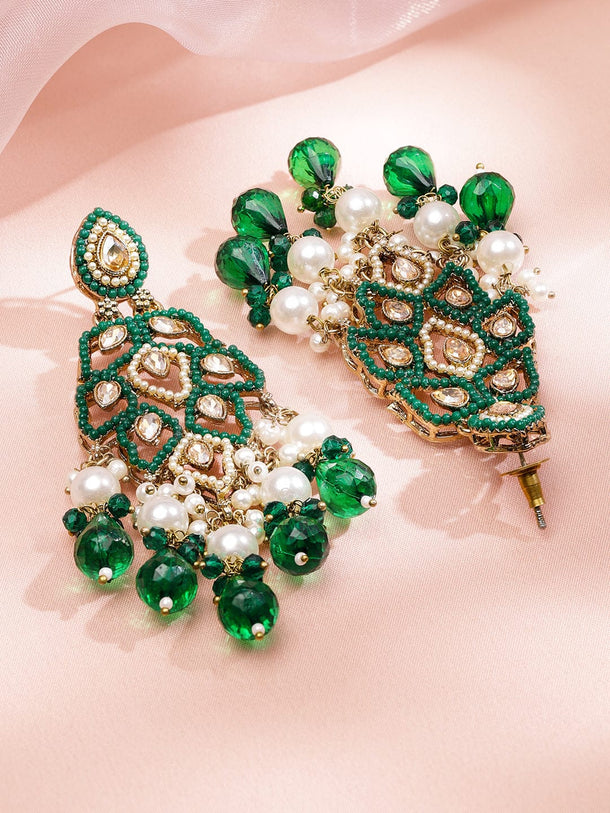 Rubans 18K Gold-Plated Emerald Green Kundan & Pearl Studded Handcrafted Long Chandelier Earrings Earrings