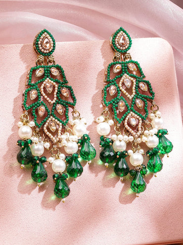 Rubans 18K Gold-Plated Emerald Green Kundan & Pearl Studded Handcrafted Long Chandelier Earrings Earrings